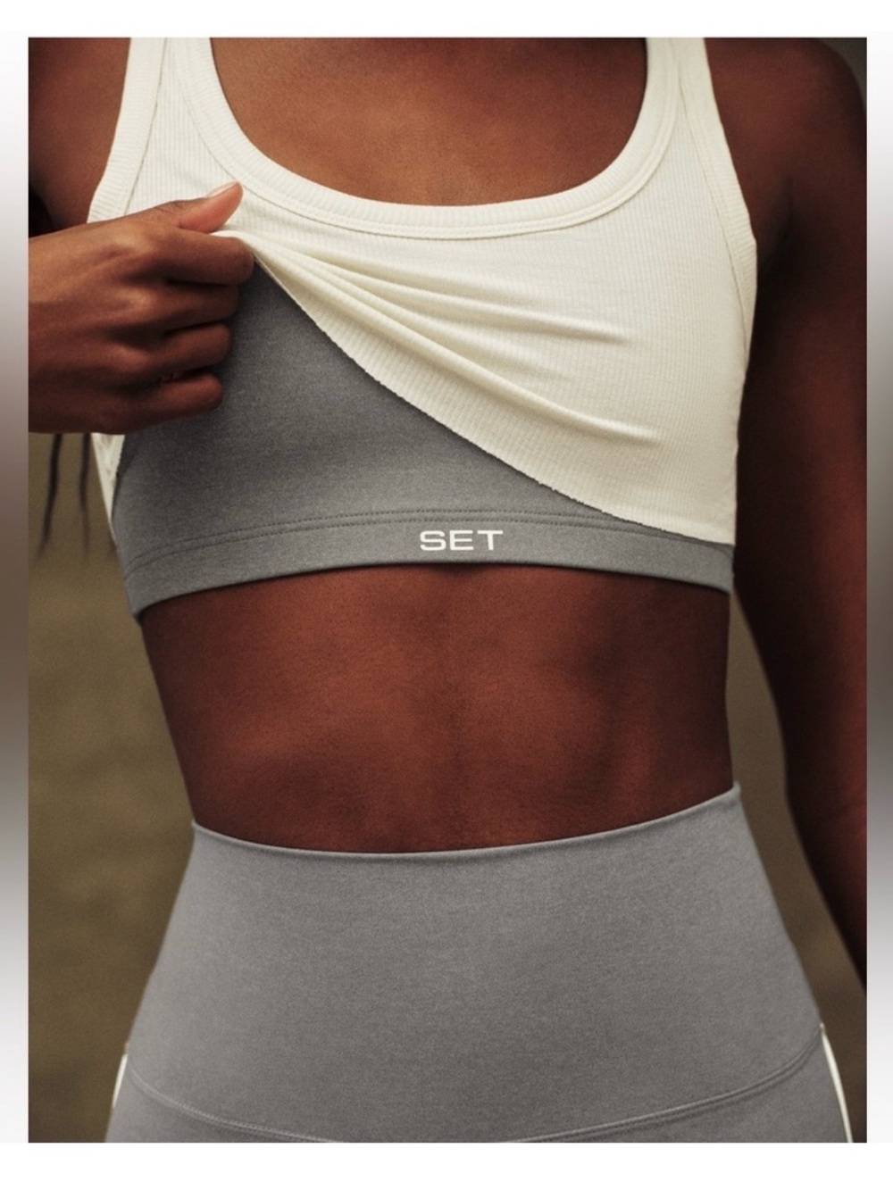 SET Active Gray Sports Bra with White Tank Overlay